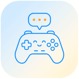 Icon of a game controller with a cheering character speech bubble